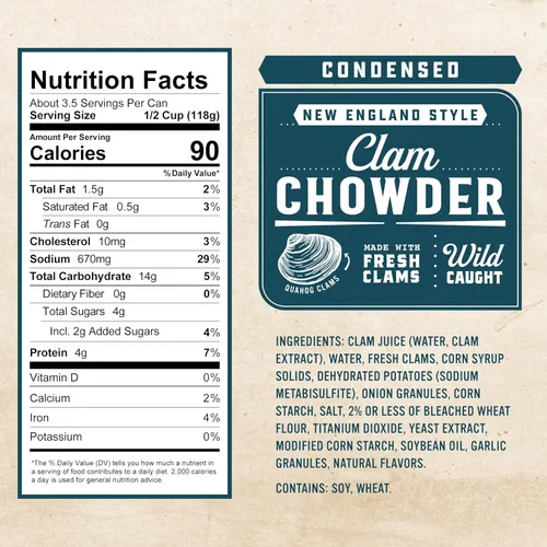 Vista 2 de Snow's Sopa condensada de almejas de Nueva Inglaterra, lata de 15 onzas, 0.14 oz de proteína por porción, receta auténtica al estilo de Nueva