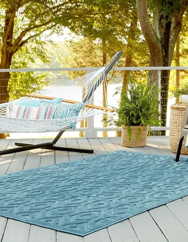 Vista 4 de Unique Loom Outdoor Trellis Textured Collection - Alfombra espacial (2 x 3 pies, rectangular, aguamarina y marfil)