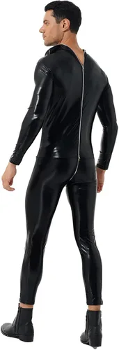 Vista 5 de renvena Enterizo con cremallera en la parte trasera para hombre, traje de discoteca, con capucha, de charol