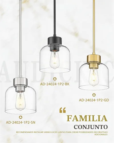 Vista 7 de Luces Colgantes Negras para Isla de Cocina, Accesorios de Luces Colgantes de 7" con Pantalla de Vidrio Transparente, Iluminación Colgante Moderna