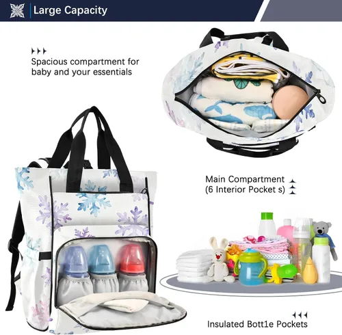 Vista 5 de Mochila para pañales con estampado de copos de nieve, bolsa de nailon impermeable multifunción con bolsillos aislados para botellas, bolsa de viaje