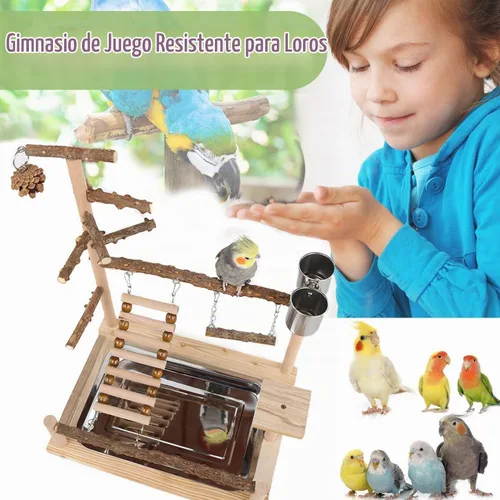 Vista 4 de Zona de juegos para pájaros, soporte de perca de loro, soportes de madera natural para cacatúa, perca de madera de cacatúa, escalera de gimnasio