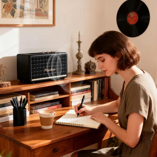 Vista 6 de Altavoz Bluetooth 5.4 de madera pico de 100 W, estéreo TWS vintage (negro) Retro style with bass & treble control, AUX & USB input; multiple