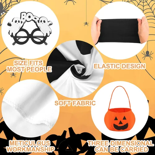 Vista 6 de Lewtemi Juego de 4 disfraces de Halloween para niños, disfraz de fantasma blanco, incluye gafas de cosplay, capa de fantasma, cubo de calabaza