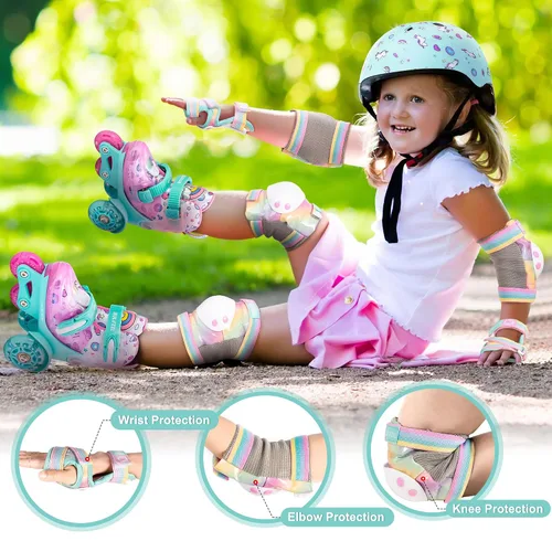 Vista 2 de SULIFEEL Rodilleras de arcoíris y unicornio para niños, coderas, muñequeras con bolsa de cordón, juego de equipo de protección ajustable para niñas