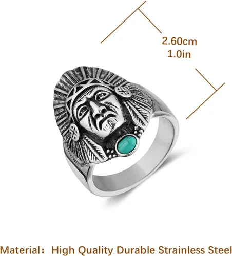 Vista 6 de HZMAN Anillo de cabeza de jefe indio para hombres y niños, de acero inoxidable, vintage, nativo americano, tribal, líder, guerrero, cazador