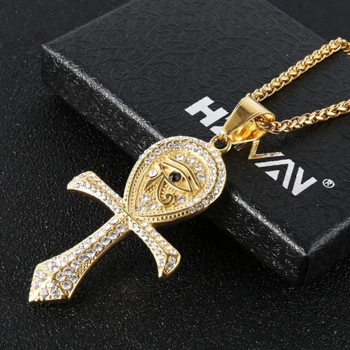Vista 3 de HZMAN Collar religioso de acero inoxidable con dije de protección de ojo de Horus Egipto con cruz copta Ankh, Zirconia cúbica