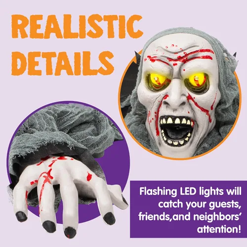 Vista 3 de JOYIN Decoraciones de Halloween para exteriores con luz zombi con manchas de sangre y sonido espeluznante para decoración exterior de Halloween