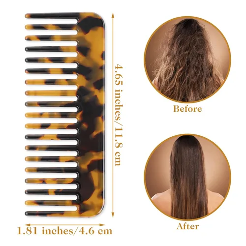 Vista 2 de Peine desenredante grande de dientes anchos para cabello grueso, rizado y ondulado, paquete de 2 peines desenredantes de acetato para húmedo y seco