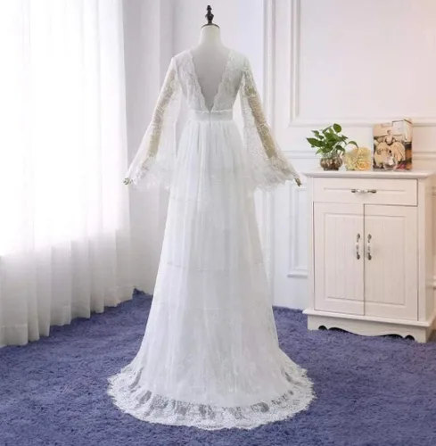 Vista 2 de Tsbridal Vestido de novia bohemio de manga larga con cuello en V profundo para mujer