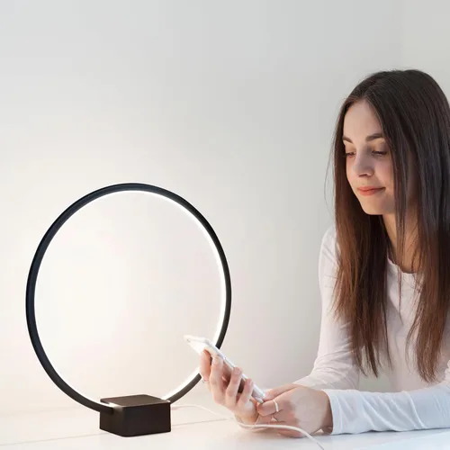 Vista 6 de Brightech Lámpara de mesita de noche LED Circle con puerto USB, lámpara compacta para dormitorio, sala de estar, moderna lámpara asiática de mesa