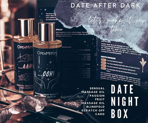 Vista 3 de Aceite de masaje para parejas: caja de noche de cita con aceite de masaje relajante para la noche de cita perfecta, incluye dos aceites de masaje