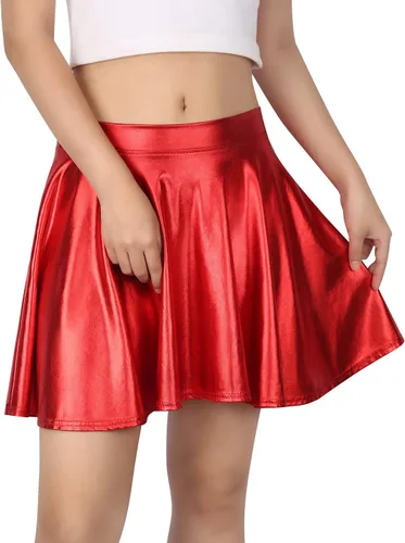 Vista 11 de HDE Falda acampanada plisada para mujer, estilo casual, metálica, acampanada, para patinadora Negro