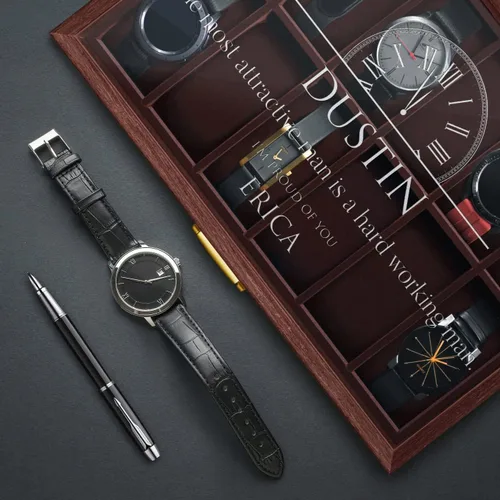 Vista 3 de Maverton Caja de reloj rectangular de madera para él - Tapa de cristal grabada transparente - Para 12 relojes - Para hombres elegantes - Cumpleaños