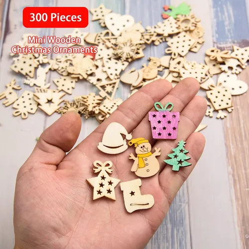 Vista 2 de 300 piezas de mini adornos de Navidad de madera sin terminar, adornos de Navidad de madera, mini rebanada de madera en blanco, manualidades