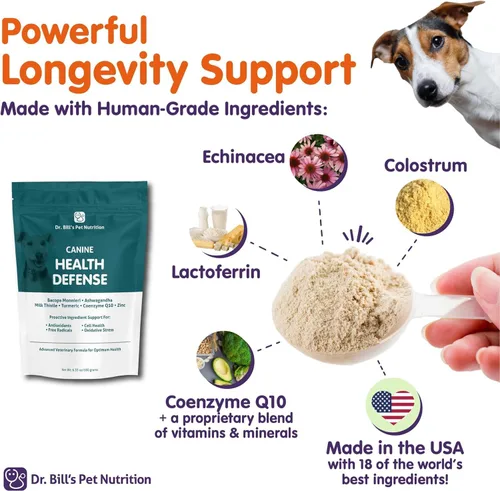 Vista 8 de Dr. Bill's Canine Health Defense Suplemento antioxidante para perros con cúrcuma, zinc, ashwagandha, cardo mariano, coenzima Q10 (CoQ10) y Bacopa