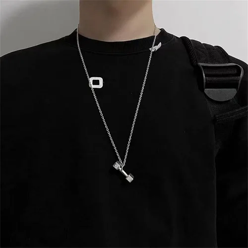 Vista 5 de K-POP - Collar de cadena con colgante de mancuernas para hombres y mujeres, punk hip hop, fitness, gimnasio, crossfit, collar ajustable de acero