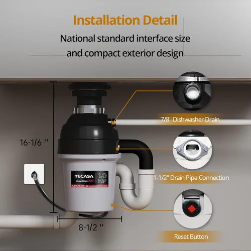 Vista 6 de Eliminador de basura de 1 HP con reducción de sonido, triturador de residuos de alimentos para fregadero de cocina, eliminación de basura segura