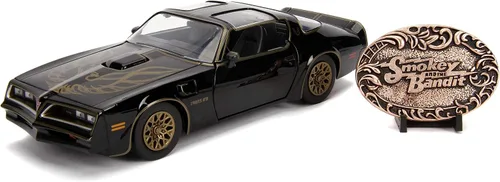 Vista 3 de Jada Smokey and The Bandit 1:24 1977 Pontiac Firebird Trans Am Coche de Fundición a Presión y Hebilla de Cinturón, Juguetes para Niños y Adultos
