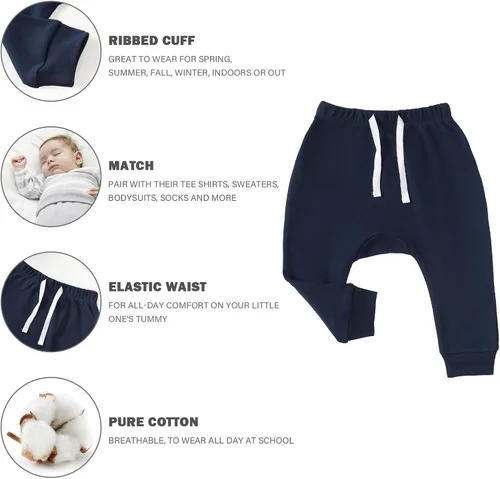 Vista 4 de SOBOWO Paquete de 3 pantalones deportivos para bebé recién nacido, harén de algodón, para niños y niñas, 0-3T entrelazados, 195 GSM