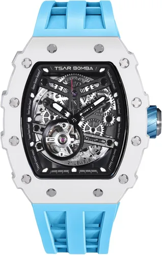 Vista 8 de Watch for Men, Automatic Skeleton Mechanical Mens Watch, 50M Waterproof Luxury Tonneau Square Big Face Dial Watch with SiliconeFluoroelastomer Watch