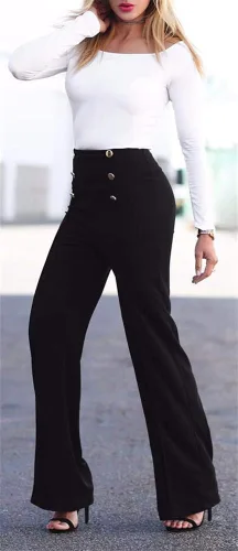 Vista 3 de Lucuna Pantalones largos elásticos de cintura alta para mujer corte holgado para trabajo de oficina con cinturón