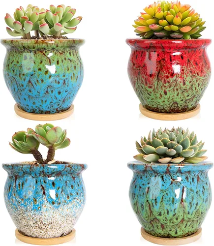 Vista 10 de ARTKETTY Macetas para suculentas, paquete de 4 macetas pequeñas con bandeja 4'' Colorful 2