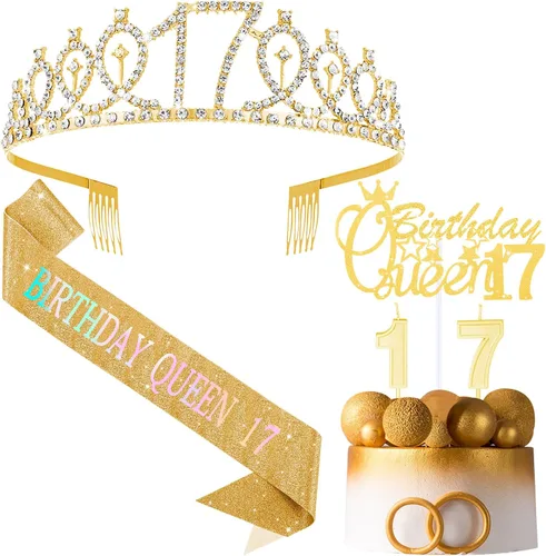Vista 10 de Crowye Decoraciones de cumpleaños número 17, corona de tiara de 17 años, banda, decoración para tartas, velas, suministros para fiestas, regalos Azul