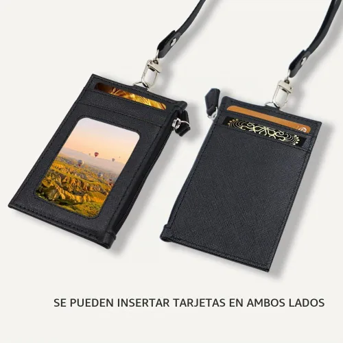 Vista 5 de Paquete de 2 portatarjetas de piel sintética con bolsillo con cremallera, cartera con cordón, tarjetero para tarjetas de identificación con 4 Negro