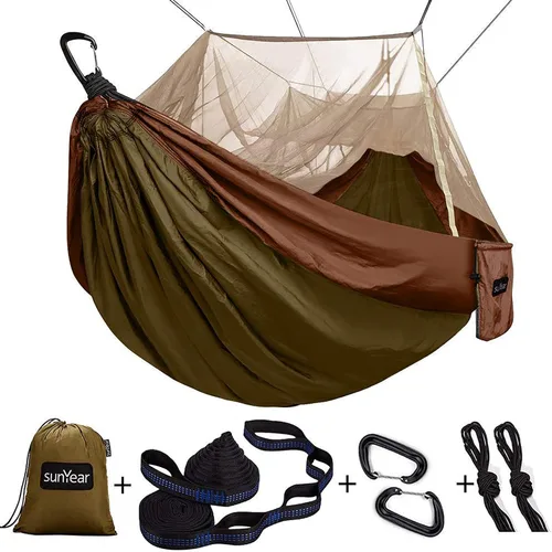 Vista 8 de Sunyear Hamaca de Camping, Hamaca Portátil Individual y Doble con Red, Tienda de Hamaca para 2 Personas con 2 Correas de 3 metros, Ideal para A