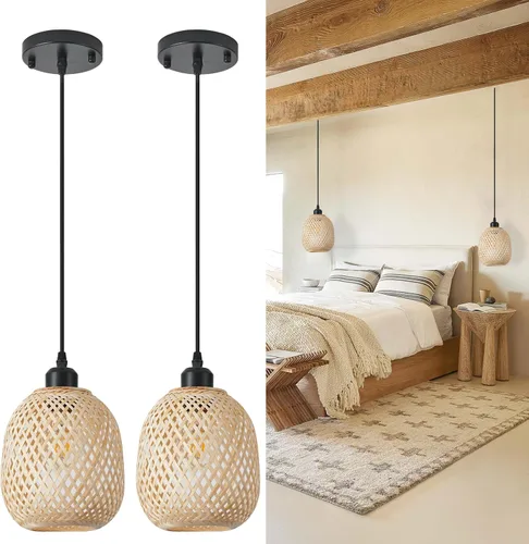 Vista 7 de 1 lámpara colgante de bambú tejida a mano, estilo bohemio, elegante, cordón ajustable, ratán de bambú, lámpara colgante de techo para comedor, bar