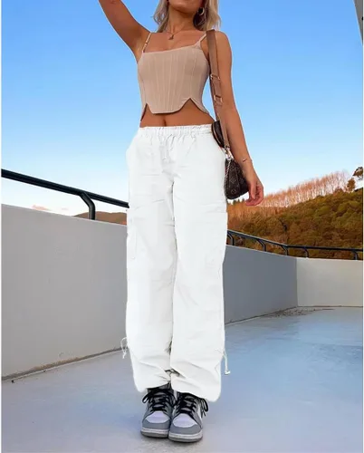 Vista 5 de Pantalones cargo para mujer, de cintura alta, holgados, Y2K, cintura ajustable, pantalones de paracaídas, casuales, holgados, con bolsillos