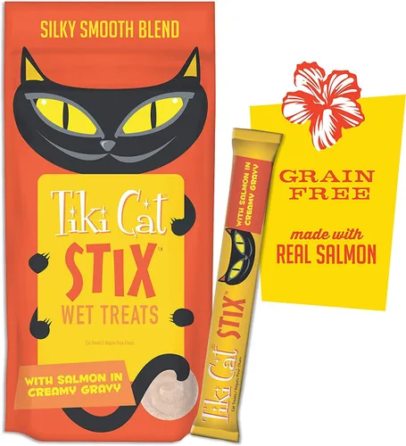Vista 5 de Tiki Cat Stix - Golosinas húmedas sin granos, mezcla suave y sedosa en salsa cremosa, pollo, salmón y pato con toallitas para mascotas de 10