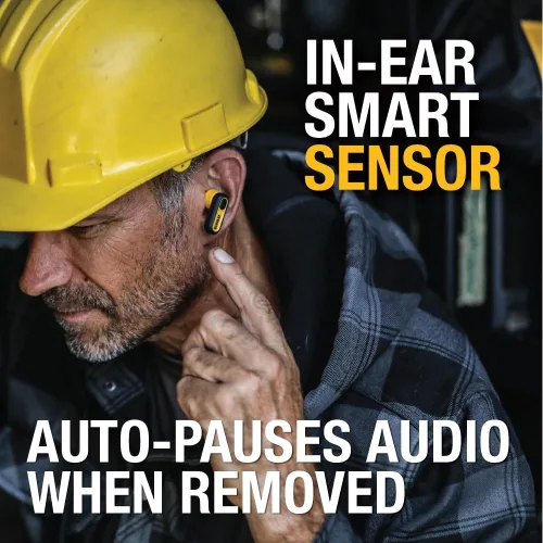 Vista 9 de DEWALT Auriculares inalámbricos con estuche de carga y funda protectora de alta resistencia, auriculares Bluetooth con batería de 30 horas, sensor