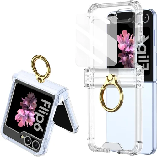Vista 8 de Funda transparente para Samsung Galaxy Z Flip 6, protección de bisagra de lujo con soporte de anillo y protector de pantalla, funda suave todo Negro