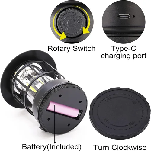 Vista 5 de Faroles LED para campamento, estilo vintage, color negro, paquete de 2 Recargable, portátil, atenuación continua, impermeable IP44, luz colgante