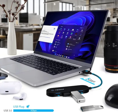 Vista 3 de TWOPAN Hub USB 3.0 de 4 puertos, adaptador multipuerto USB ultra delgado para laptop, escritorio, Mac, Surface Pro, XPS, mouse, teclado, unidad