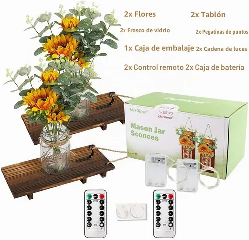 Vista 2 de OurWarm Juego de dos apliques de pared de girasol, apliques de tarro de masón, decoración de pared de granja viene con control remoto y luces LED