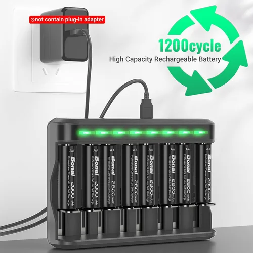 Vista 3 de BONAI Baterías recargables AA 2800mAh 8pack con cargador inteligente para AA AAA C D NiMH batería