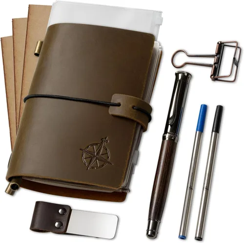 Vista 12 de WANDERINGS Cuaderno A5 Travelers hecho a mano, de cuero auténtico, 6 x 8.5 pulgadas, diario de viaje recargable con soporte para bolígrafo
