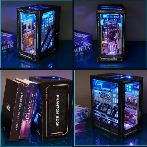 Vista 4 de Decoración de estantería de estantería de casa de muñecas DIY, kit de rincón de libros, rompecabezas de madera 3D con iluminación LED, estante