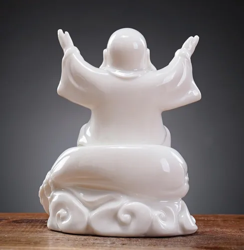 Vista 5 de QINLANG Pequeña estatua de Buda riendo blanca de cerámica para buena suerte, estatua de Buda feliz de la suerte sentado en bolsa de dinero