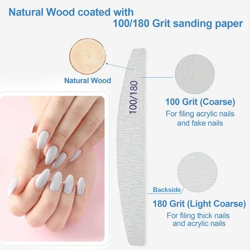 Vista 9 de Limas de uñas (paquete de 12), lima de uñas de madera de grano 100/180, lima de uñas de doble cara de madera Emory para uñas naturales, profesional