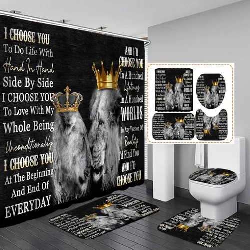 Vista 13 de Juego de 4 cortinas de ducha de rey león negro, citas inspiradoras, palabras motivacionales positivas y educativas, decoración de baño de animales