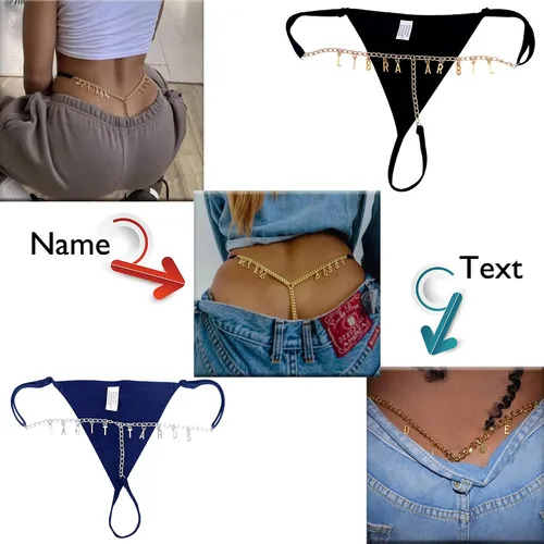 Vista 4 de Artsadd Tanga de cadena de cintura sexy personalizada para mujer, joyería con nombre personalizado, cadena de tanga, bragas negras, regalo