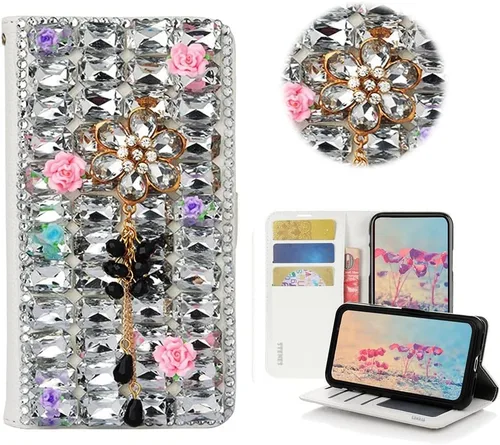 Vista 5 de Bling - Funda tipo cartera para teléfono compatible con Samsung Galaxy Z Fold 3 5G, elegante, hecha a mano, atrapasueños con colgante de perlas