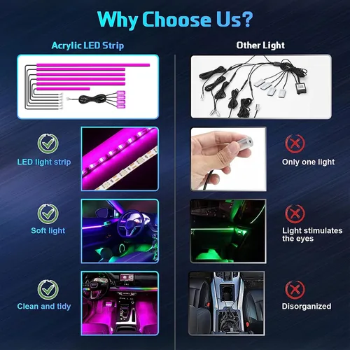 Vista 2 de Luces de acrílico para interiores de automóvil, accesorios de automóvil, tira de luces LED 10 en 1 con control de aplicación, 175 pulgadas, 593