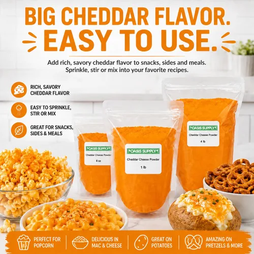 Vista 2 de Oasis Supply - Queso cheddar en polvo, condimento rico y salado para palomitas de maíz, pretzels, pasta, papas, salsas, salsas y aperitivos, 8 onzas