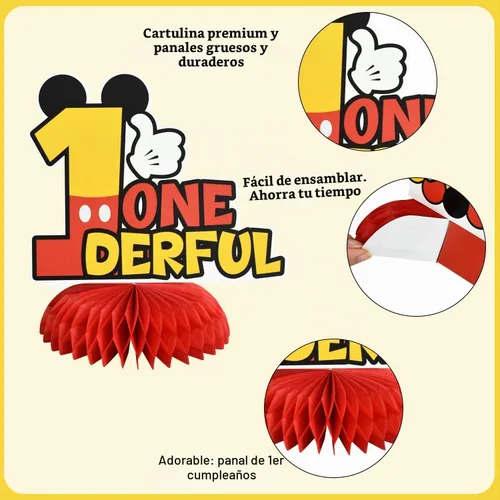 Vista 3 de TONIFUL Centros de mesa con diseño de panal de ratón con temática de cumpleaños número uno en negro, rojo y amarillo, decoración de mesa con ratón
