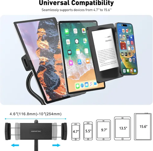 Vista 5 de AboveTEK Soporte para iPad para cama, soporte ajustable para tableta, soporte para Kindle manos libres de 360° para leer en la cama, compatible